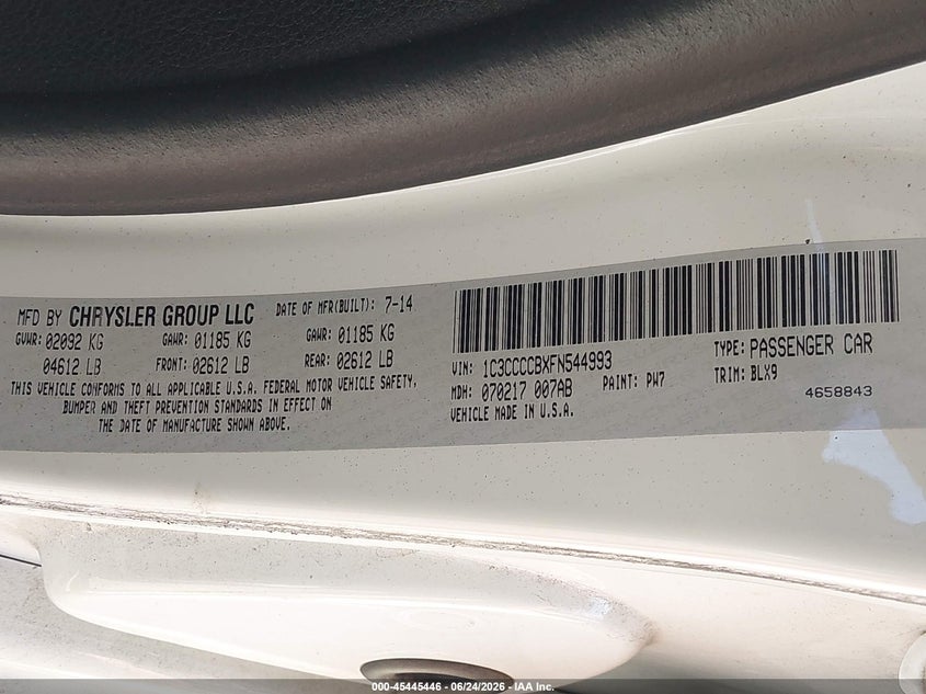 2015 Chrysler 200 VIN 1C3CCCCBXFN544993 IAAI salvage auction — REAR END, Salvage Title, sold $850 on 2026-08-01 (photo 9)