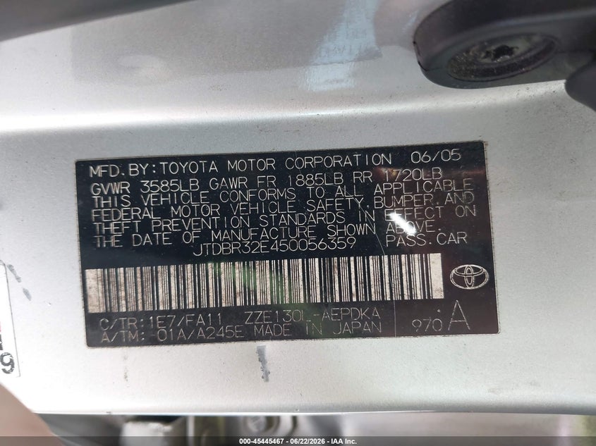 2005 Toyota Corolla VIN JTDBR32E450056359 IAAI salvage auction — NORMAL WEAR, Clear (Maryland), sold $875 on 2026-07-07 (photo 9)
