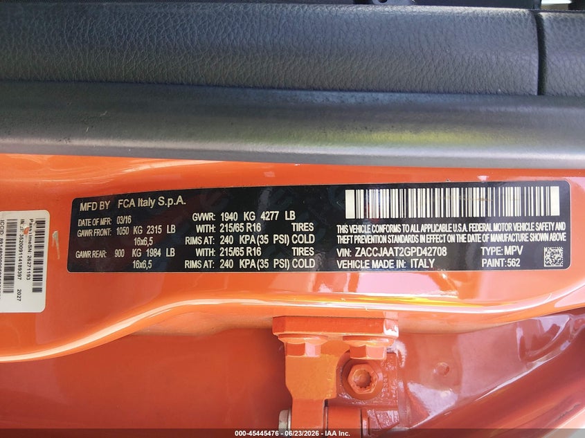 2016 Jeep Renegade VIN ZACCJAAT2GPD42708 IAAI salvage auction — SIDE, Salvage (South Carolina), sold $1,150 on 2026-07-19 (photo 9)
