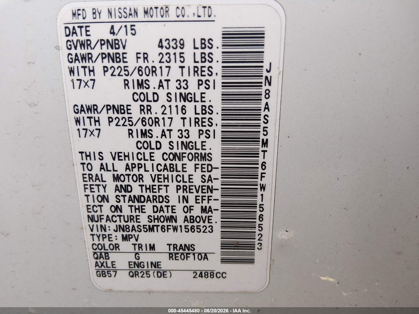 2015 Nissan Rogue VIN JN8AS5MT6FW156523 IAAI salvage auction — NORMAL WEAR, Clear (Kansas), sold $625 on 2026-07-29 (photo 9)