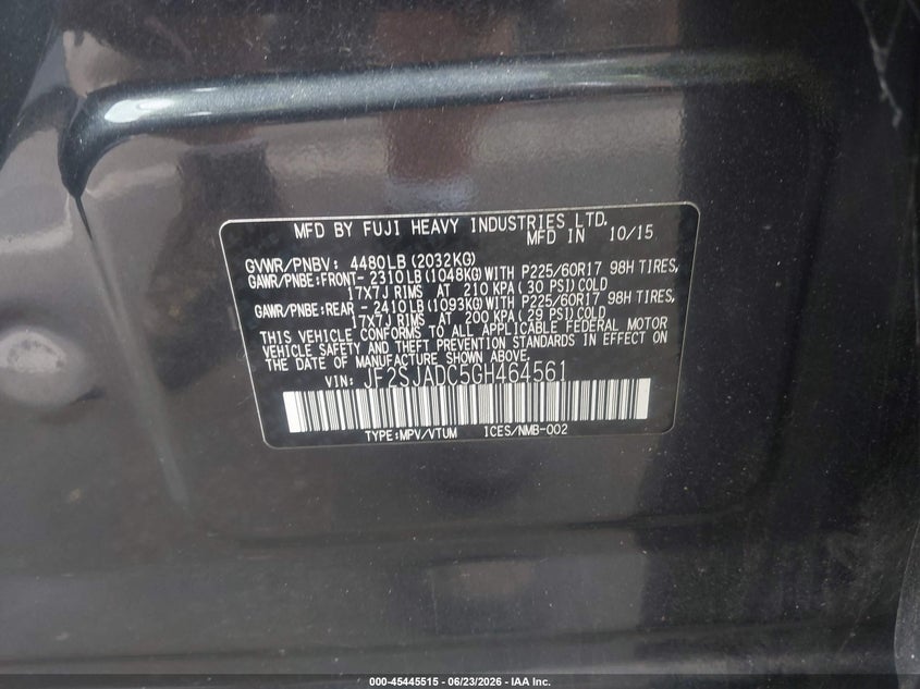 2016 Subaru Forester VIN JF2SJADC5GH464561 IAAI salvage auction — RIGHT REAR, Salvage (North Carolina), sold $75 on 2026-07-29 (photo 9)