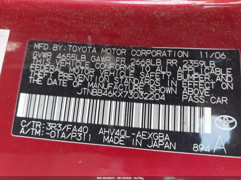2007 Toyota Camry hybrid VIN JTNBB46KX73032204 IAAI salvage auction — NORMAL WEAR, Peddle Clear Public-Restricted (Oregon), sold $375 on 2026-07-29 (photo 9)