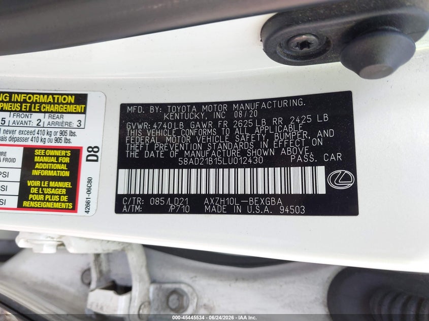 2020 Lexus ES VIN 58AD21B15LU012430 IAAI salvage auction — REAR END, Salvage Title, sold $16,200 on 2026-07-26 (photo 9)