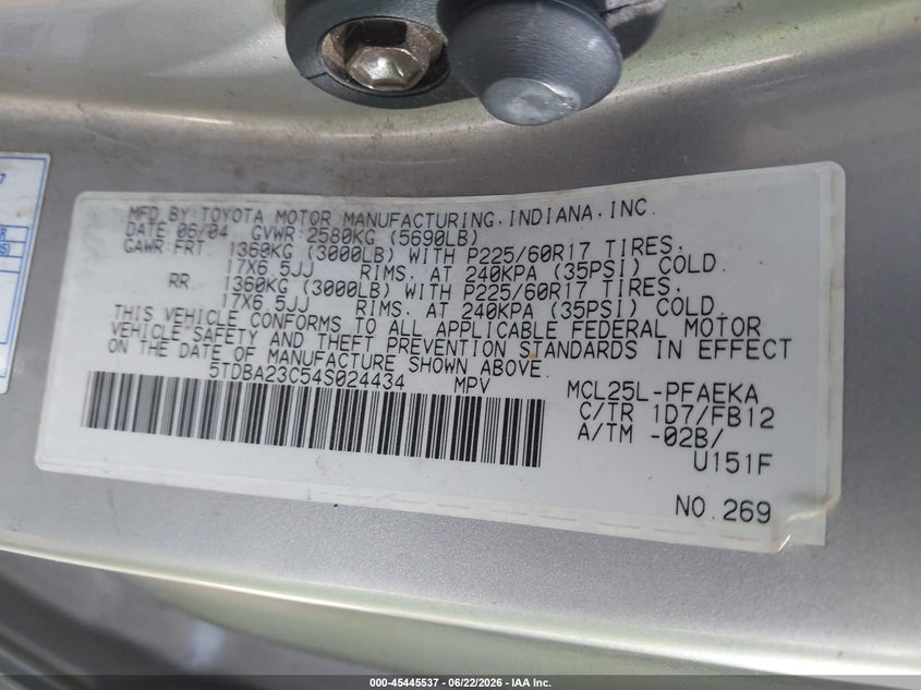 2004 Toyota Sienna VIN 5TDBA23C54S024434 IAAI salvage auction — NORMAL WEAR, Clear-Dealer Only (Arizona), sold $650 on 2026-07-28 (photo 9)