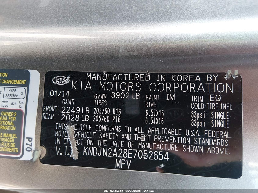 2014 Kia Soul VIN KNDJN2A28E7052654 IAAI salvage auction — NORMAL WEAR, Clear (South Carolina), sold $375 on 2026-07-22 (photo 9)