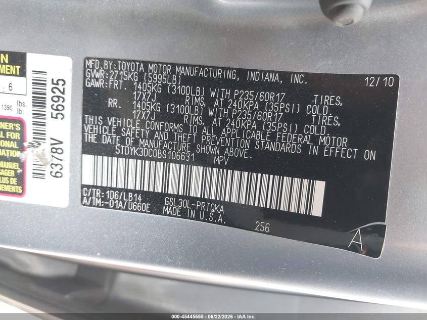 2011 Toyota Sienna VIN 5TDYK3DC0BS106631 IAAI salvage auction — LEFT & RIGHT, Salvage - Greater Than 75% (Maryland), sold $1,000 on 2026-07-28 (photo 9)
