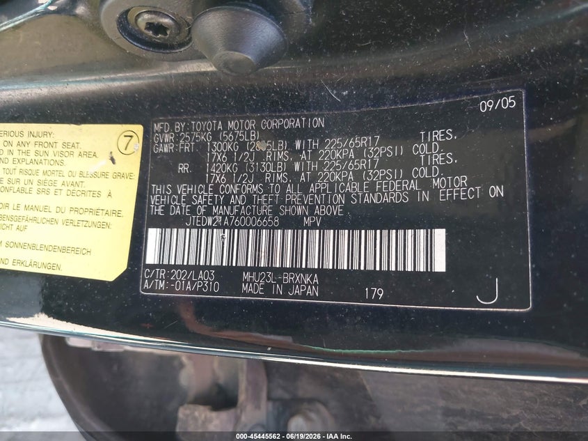 2006 Toyota Highlander hybrid VIN JTEDW21A760006658 IAAI salvage auction — NORMAL WEAR, Clear (Maryland), sold $825 on 2026-07-15 (photo 9)