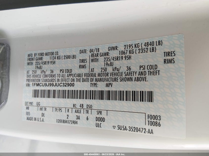2018 Ford Escape VIN 1FMCU9J99JUC32900 IAAI salvage auction — FRONT END, Salvage Title, sold $2,400 on 2026-08-19 (photo 9)