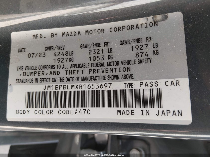 2024 Mazda VIN JM1BPBLMXR1653697 IAAI salvage auction — FRONT END, Salvage (Texas), sold $3,350 on 2026-07-28 (photo 9)