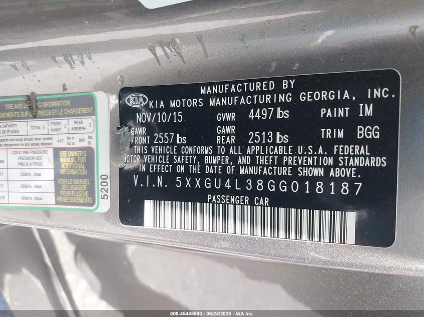 2016 Kia Optima VIN 5XXGU4L38GG018187 IAAI salvage auction — REAR END, Salvage Title, sold $2,250 on 2026-07-10 (photo 9)