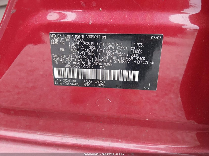 2007 Toyota Rav4 VIN JTMZD33V675077912 IAAI salvage auction — FRONT & REAR, Salvage (Kentucky), sold $1,350 on 2026-07-28 (photo 9)