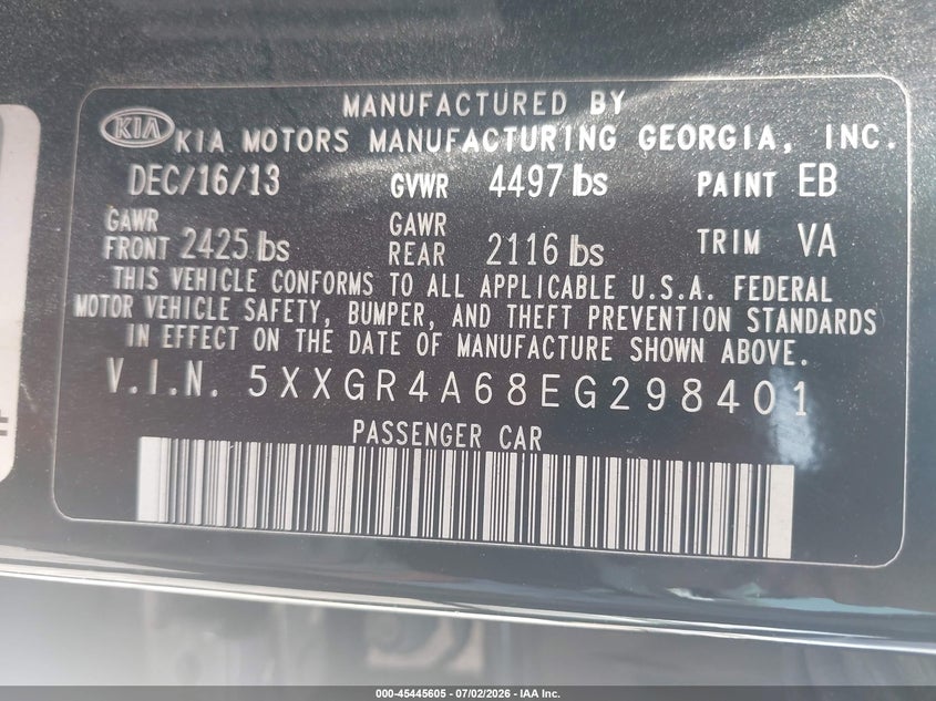 2014 Kia Optima VIN 5XXGR4A68EG298401 IAAI salvage auction — NORMAL WEAR, Clear (Alabama), sold $275 on 2026-07-22 (photo 9)