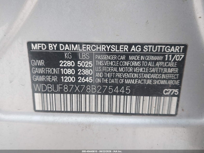 2008 Mercedes-benz E-klasse VIN WDBUF87X78B275445 IAAI salvage auction — NORMAL WEAR, Clear (Missouri), sold $325 on 2026-07-28 (photo 9)