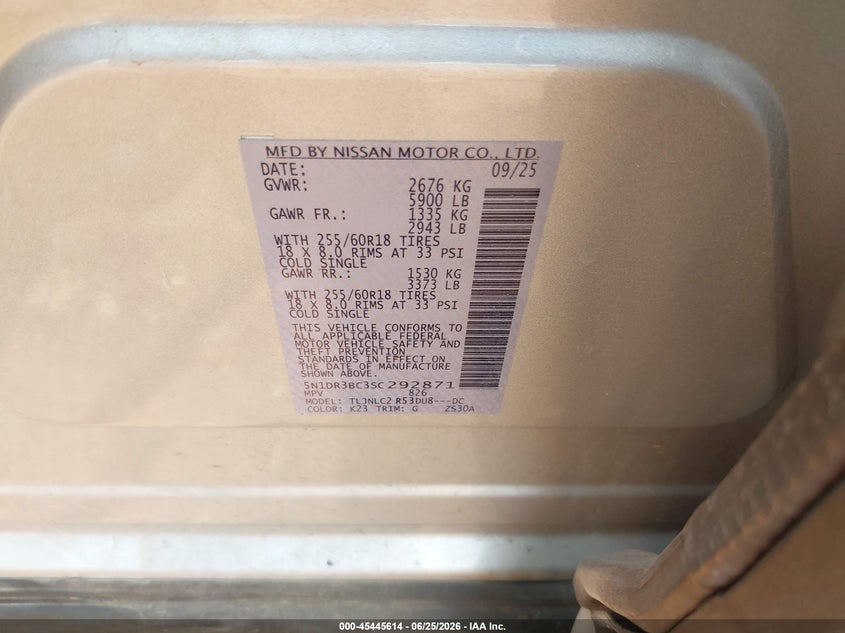 2025 Nissan Pathfinder VIN 5N1DR3BC3SC292871 IAAI salvage auction — HAIL, Clear (Missouri), sold $3,600 on 2026-07-31 (photo 9)