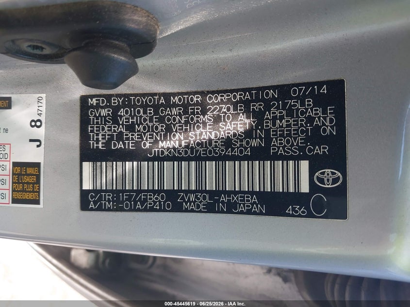 2014 Toyota Prius VIN JTDKN3DU7E0394404 IAAI salvage auction — REAR END, Wait Title, sold $1,700 on 2026-08-16 (photo 9)