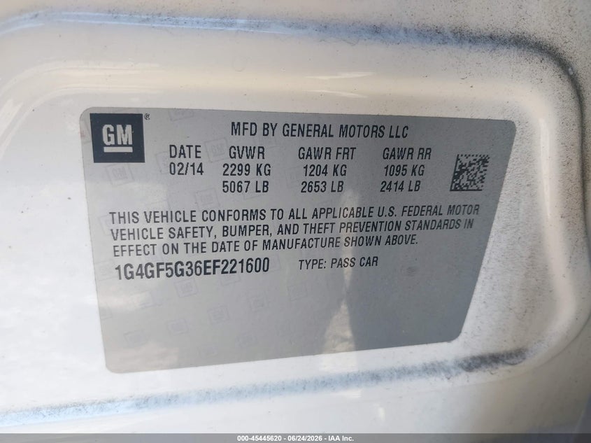 2014 Buick Lacrosse VIN 1G4GF5G36EF221600 IAAI salvage auction — REAR END, Salvage Title, sold $1,100 on 2026-07-29 (photo 9)