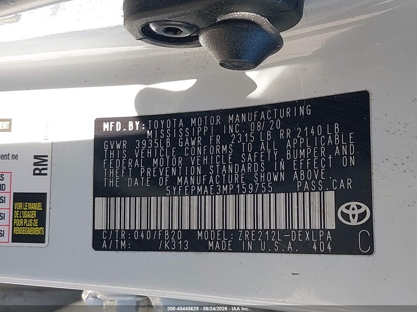2021 Toyota Corolla VIN 5YFEPMAE3MP159755 IAAI salvage auction — REAR END, Salvage Title, sold $4,350 on 2026-07-30 (photo 9)