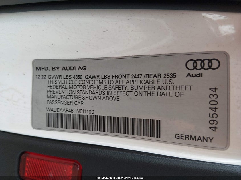 2023 Audi A4 VIN WAUEAAF46PN011100 IAAI salvage auction — FRONT END, Salvage (Pennsylvania), sold $875 on 2026-07-24 (photo 9)
