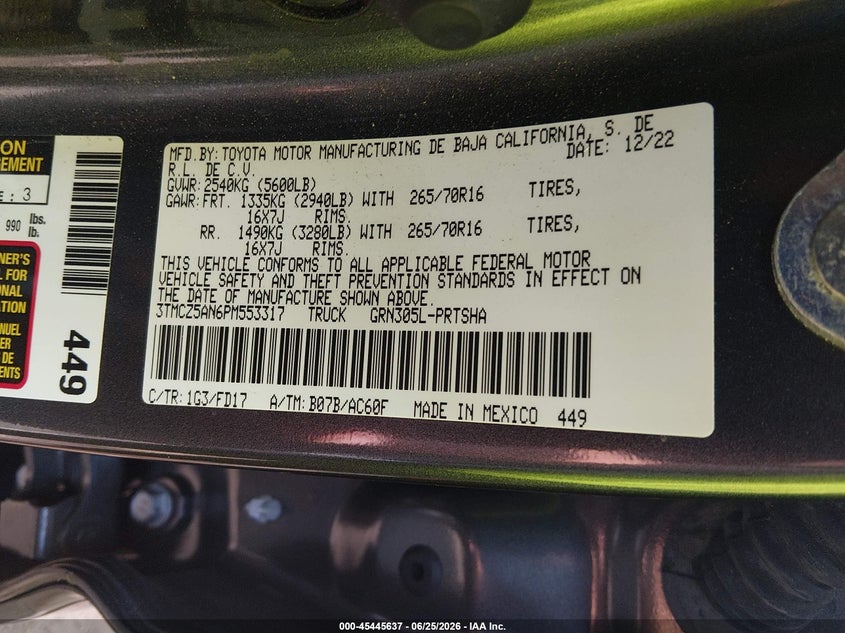 2023 Toyota Tacoma VIN 3TMCZ5AN6PM553317 IAAI salvage auction — REAR END, Salvage (Virginia), sold $20,100 on 2026-07-09 (photo 9)