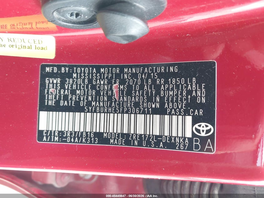 2015 Toyota Corolla VIN 5YFBURHE5FP306711 IAAI salvage auction — REAR END, Salvage (Mississippi), sold $2,500 on 2026-08-01 (photo 9)