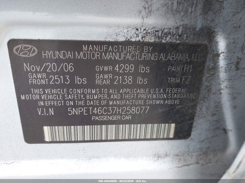 2007 Hyundai Sonata VIN 5NPET46C37H258077 IAAI salvage auction — REAR END, Rebuildable (Florida), sold $925 on 2026-07-12 (photo 9)