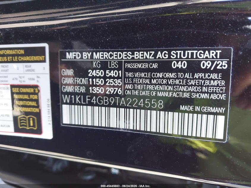 2026 Mercedes-benz E-klasse VIN W1KLF4GB9TA224558 IAAI salvage auction — FRONT END, Salvage Title, sold $5,100 on 2026-07-24 (photo 9)