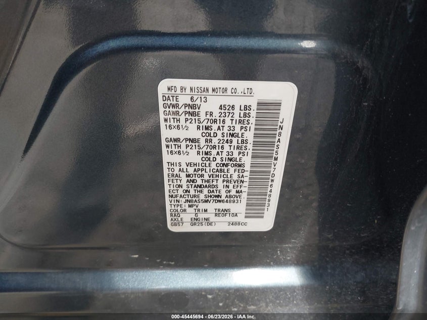 2013 Nissan Rogue VIN JN8AS5MV7DW648931 IAAI salvage auction — FRONT END, Salvage (Texas), sold $700 on 2026-07-28 (photo 9)