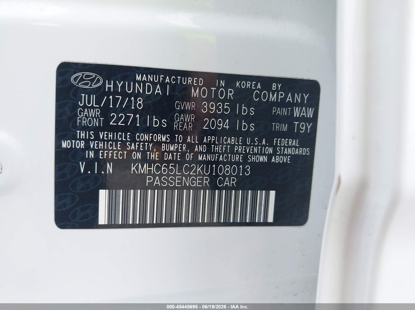 2019 Hyundai Ioniq hybrid VIN KMHC65LC2KU108013 IAAI salvage auction — NORMAL WEAR, Sf97 (California), sold $5,600 on 2026-07-28 (photo 9)