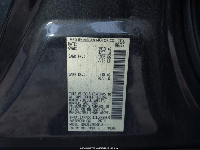 2013 Nissan Altima VIN 1N4AL3AP7DC112698 IAAI salvage auction — FRONT & REAR, Salvage Title, sold $250 on 2026-07-31 (photo 9)