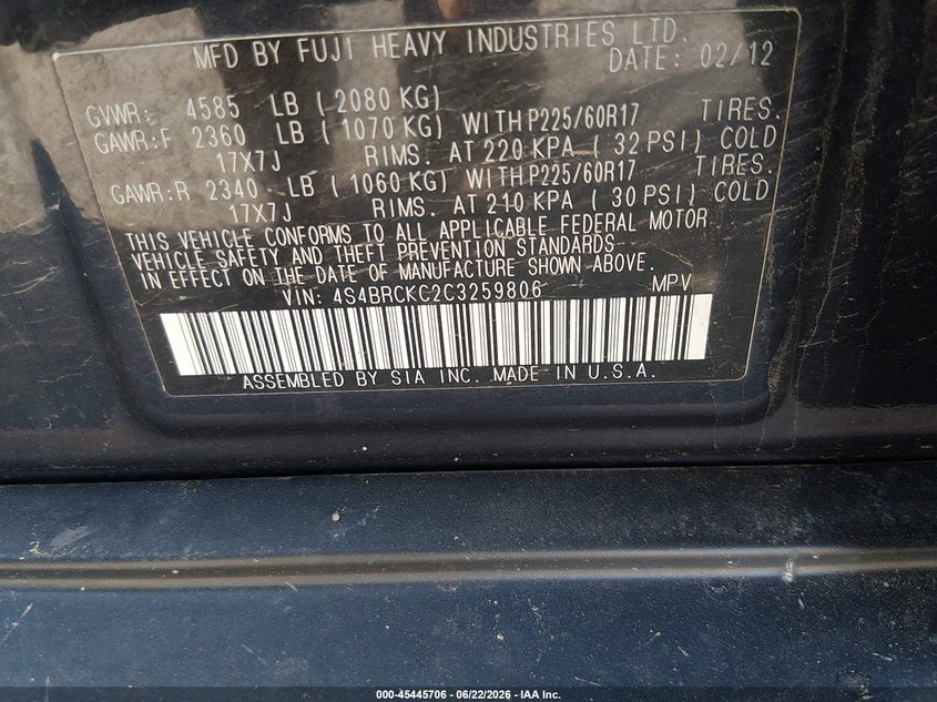 2012 Subaru Outback VIN 4S4BRCKC2C3259806 IAAI salvage auction — NORMAL WEAR, Clear - Dealer Only (California), sold $600 on 2026-07-24 (photo 9)