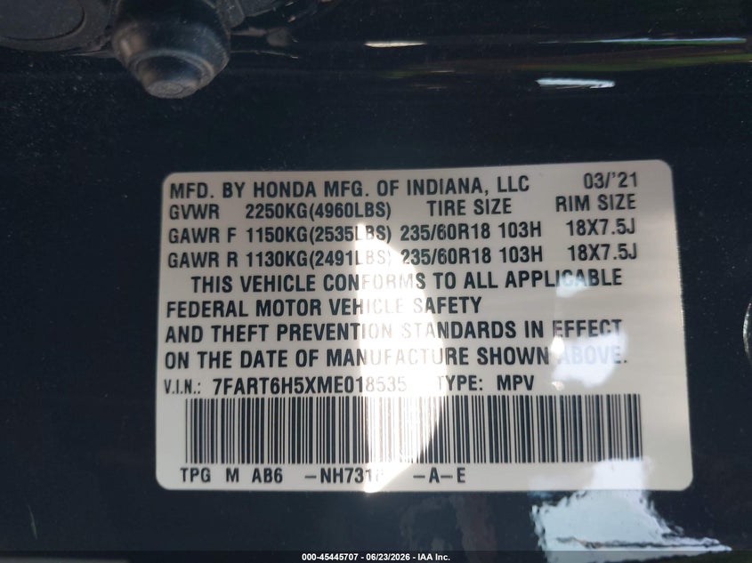 2021 Honda Cr-v VIN 7FART6H5XME018535 IAAI salvage auction — REAR END, Salvage (California), sold $12,200 on 2026-07-15 (photo 9)