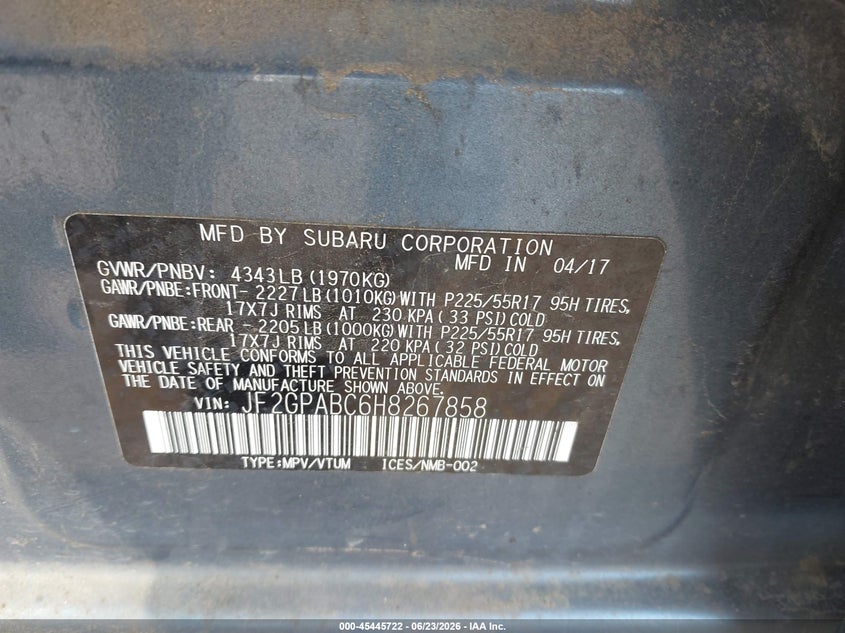 2017 Subaru Xv VIN JF2GPABC6H8267858 IAAI salvage auction — REAR END, Salvage Title, sold $3,150 on 2026-07-17 (photo 9)
