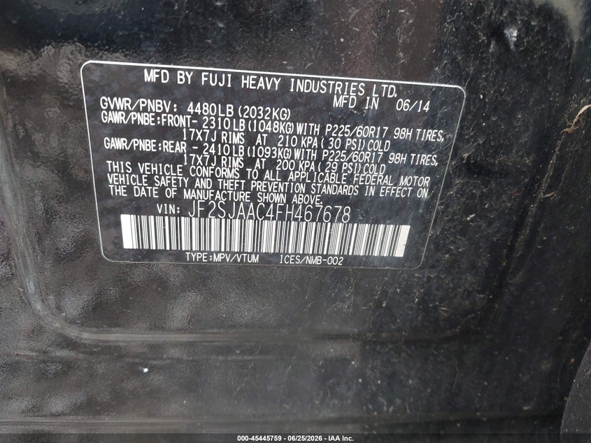 2015 Subaru Forester VIN JF2SJAAC4FH467678 IAAI salvage auction — NORMAL WEAR, Clear (Montana), sold $475 on 2026-07-30 (photo 9)