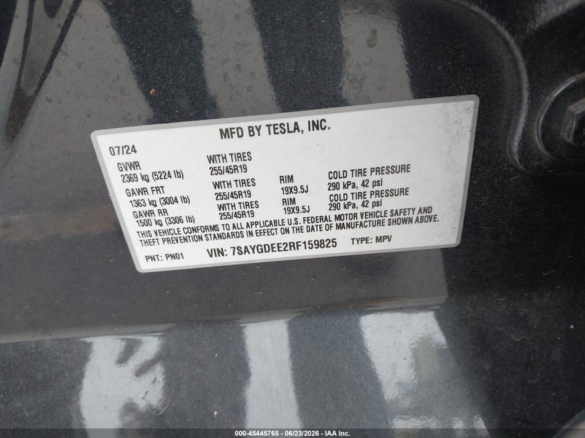2024 Tesla Model y VIN 7SAYGDEE2RF159825 IAAI salvage auction — REAR END, Salvage (California), sold $9,050 on 2026-07-06 (photo 9)