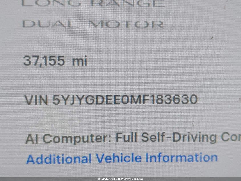 2021 Tesla Model y VIN 5YJYGDEE0MF183630 IAAI salvage auction — REAR END, Salvage (Texas), sold $8,800 on 2026-07-22 (photo 9)
