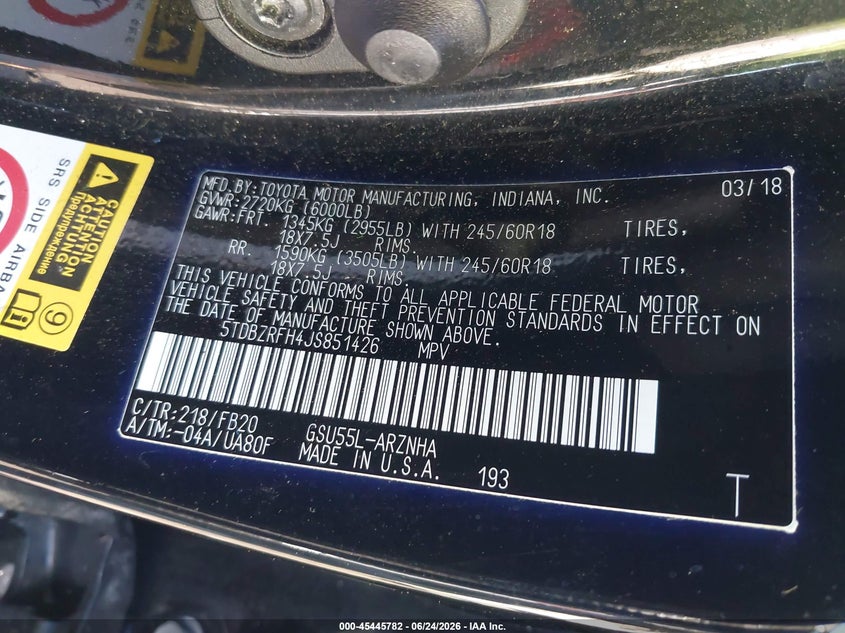 2018 Toyota Highlander VIN 5TDBZRFH4JS851426 IAAI salvage auction — FRONT END, Mv-907A (New York), sold $3,800 on 2026-07-14 (photo 9)