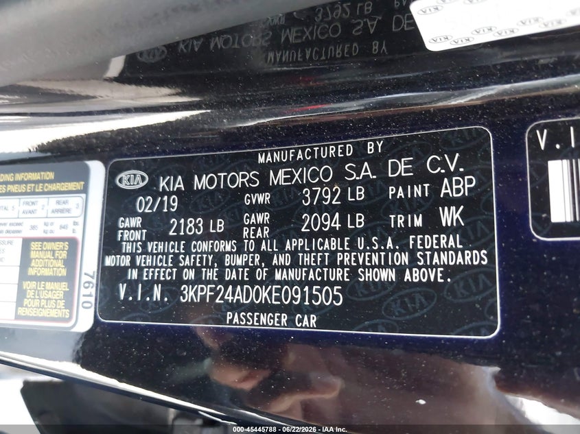 2019 Kia Forte VIN 3KPF24AD0KE091505 IAAI salvage auction — VANDALISM, Salvage Certificate (California), sold $2,150 on 2026-08-22 (photo 9)