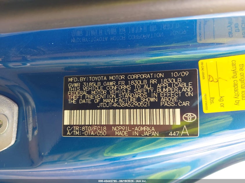 2010 Toyota Yaris VIN JTDJT4K38A5290521 IAAI salvage auction — NORMAL WEAR, Clear (Hawaii), sold $125 on 2026-07-28 (photo 9)