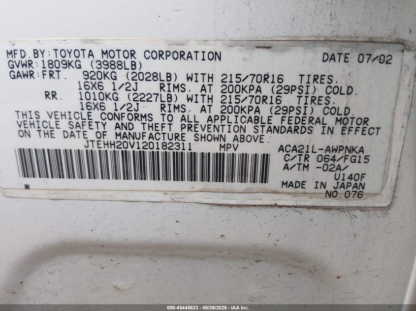 2002 Toyota Rav4 VIN JTEHH20V120182311 IAAI salvage auction — LEFT FRONT, Salvage (Idaho), sold $600 on 2026-07-07 (photo 9)