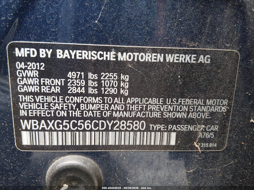 2012 BMW 5er VIN WBAXG5C56CDY28580 IAAI salvage auction — NORMAL WEAR, Clear-Dealer Only (Montana), sold $375 on 2026-07-29 (photo 9)