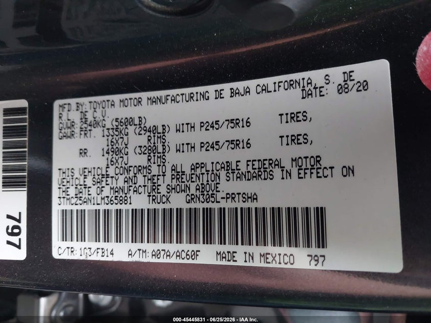 2020 Toyota Tacoma VIN 3TMCZ5AN1LM365881 IAAI salvage auction — FRONT & REAR, Salvage Certificate (California), sold $14,400 on 2026-07-31 (photo 9)