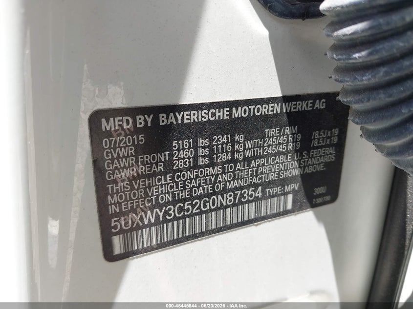 2016 BMW X3 VIN 5UXWY3C52G0N87354 IAAI salvage auction — FRONT END, Salvage Title, sold $25 on 2026-07-31 (photo 9)