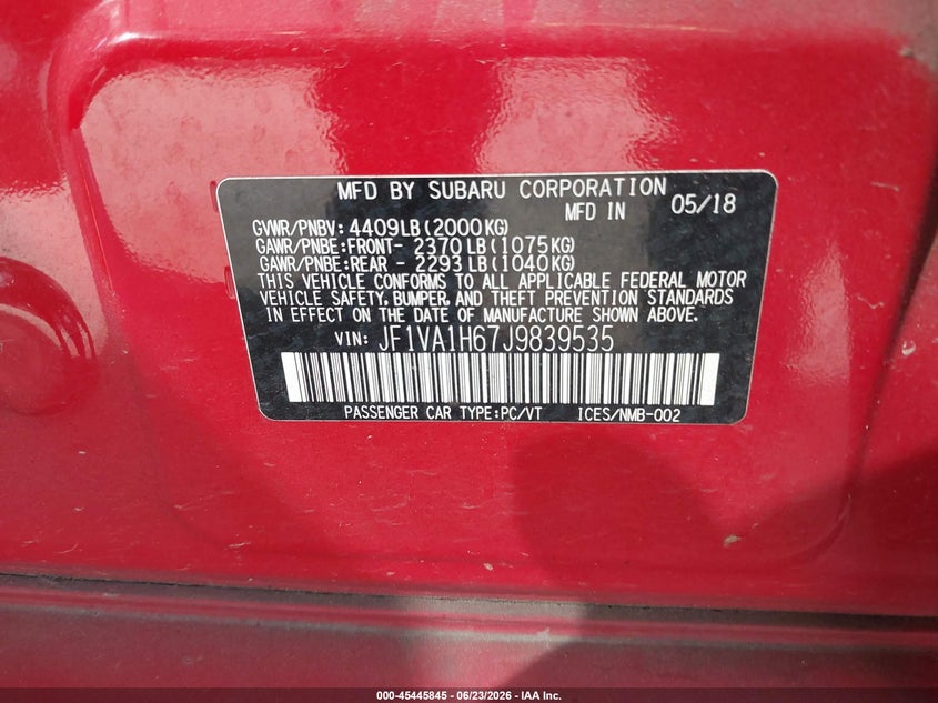 2018 Subaru Wrx VIN JF1VA1H67J9839535 IAAI salvage auction — BIOHAZARD/CHEMICAL, Bill Of Sale (Washington), sold $2,450 on 2026-07-11 (photo 9)