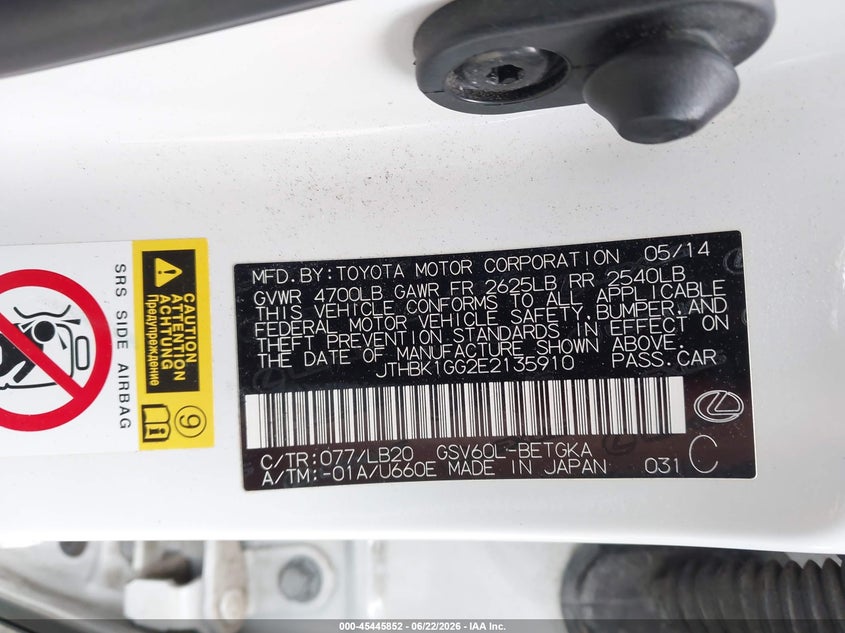 2014 Lexus ES VIN JTHBK1GG2E2135910 IAAI salvage auction — FRONT END, Salvage (Georgia), sold $3,450 on 2026-07-24 (photo 9)