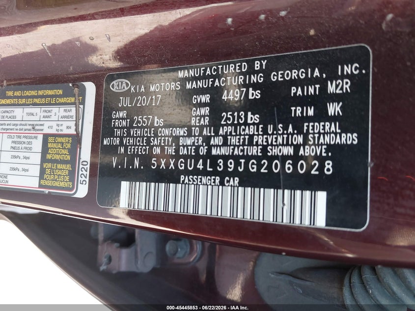 2018 Kia Optima VIN 5XXGU4L39JG206028 IAAI salvage auction — LEFT SIDE, Salvage Title, sold $875 on 2026-07-30 (photo 9)