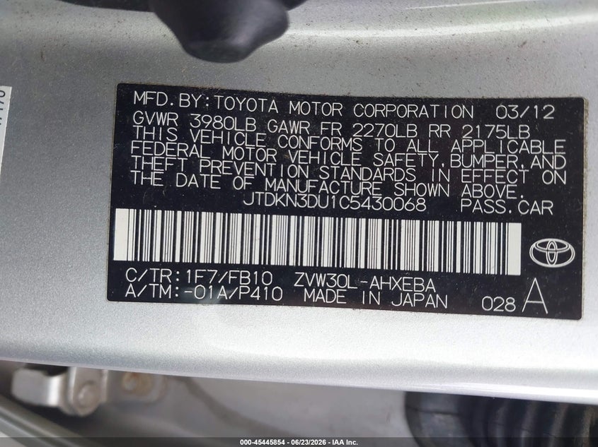2012 Toyota Prius VIN JTDKN3DU1C5430068 IAAI salvage auction — FRONT END, Salvage (Idaho), sold $1,400 on 2026-07-15 (photo 9)