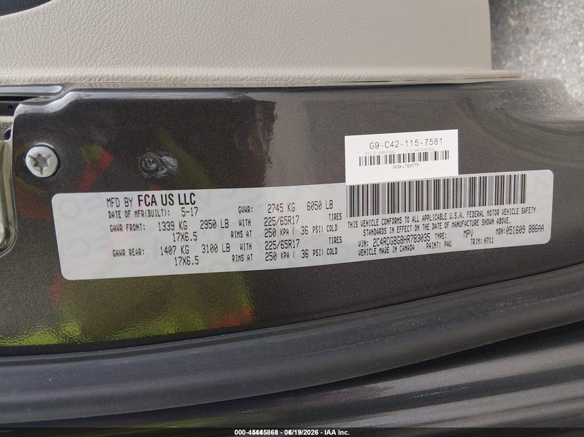 2017 Dodge Grand caravan VIN 2C4RDGBG8HR783035 IAAI salvage auction — NORMAL WEAR, Sf97 (Maryland), sold $10,900 on 2026-08-18 (photo 9)