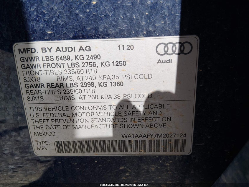 2021 Audi Q5 VIN WA1AAAFY7M2027124 IAAI salvage auction — LEFT SIDE, Salvage (Alabama), sold $6,100 on 2026-07-20 (photo 9)