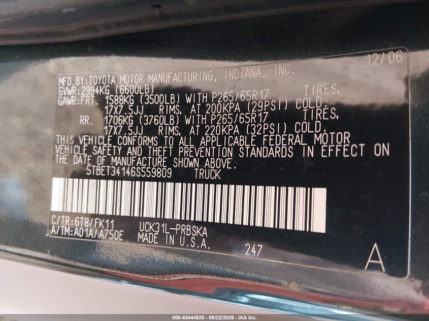 2006 Toyota Tundra VIN 5TBET34146S559809 IAAI salvage auction — REAR END, Clear (Missouri), sold $3,100 on 2026-07-13 (photo 9)