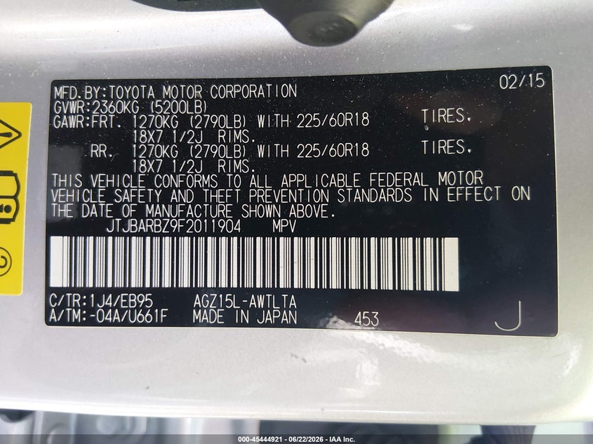 2015 Lexus Nx VIN JTJBARBZ9F2011904 IAAI salvage auction — REAR END, Salvage Title, sold $8,300 on 2026-07-24 (photo 9)